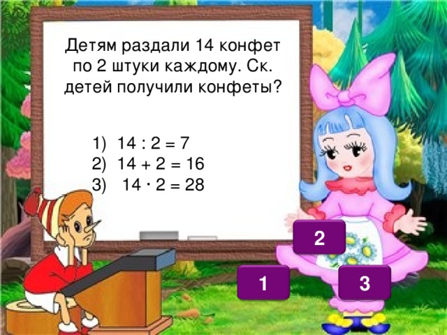 Детям раздали 14 конфет по 2 штуки каждому. Ск. детей получили конфеты? 1) 14 : 2 = 7  2) 14 + 2 = 16  3) 14 · 2 = 28 2 1 3