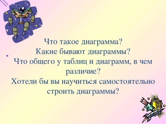 Что такое диаграмма?  Какие бывают диаграммы?  Что общего у таблиц и диаграмм, в чем различие?  Хотели бы вы научиться самостоятельно строить диаграммы?   -