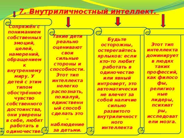 7. Внутриличностный интеллект. Сопряжён с пониманием собственных эмоций, целей, намерений, обращением к внутреннему миру. У детей с этим типом обострённое чувство собственного достоинства, они уверены в себе, любят работать в одиночестве. Будьте осторожны, остерегайтесь ярлыков: если кто-то любит работать в одиночестве или явный интроверт, это автоматически не влечет за собой наличие сильно развитого внутриличностного интеллекта Такие дети реально оценивают свои сильные стороны и способности. Этот тип интеллекта нелегко распознать, пожалуй, единственный способ сделать это – наблюдение за детьми. Этот тип интеллекта доминирует в людях таких профессий, как филосо фы, религиоз ные лидеры, психиат ры, исследователи мозга.