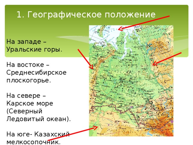 1 . Географическое положение На западе – Уральские горы. На востоке –Среднесибирское плоскогорье. На севере – Карское море (Северный Ледовитый океан). На юге- Казахский мелкосопочник.