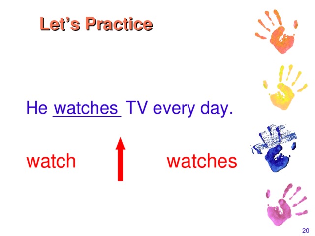 Let’s Practice watches  He _______ TV every day. watch watches