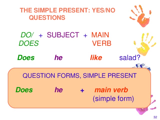 THE SIMPLE PRESENT: YES/NO QUESTIONS  DO/   +  SUBJECT  +  MAIN  DOES     VERB  Does   he  like  salad? QUESTION  FORMS, SIMPLE PRESENT    Does  he    +  main verb         (simple form)