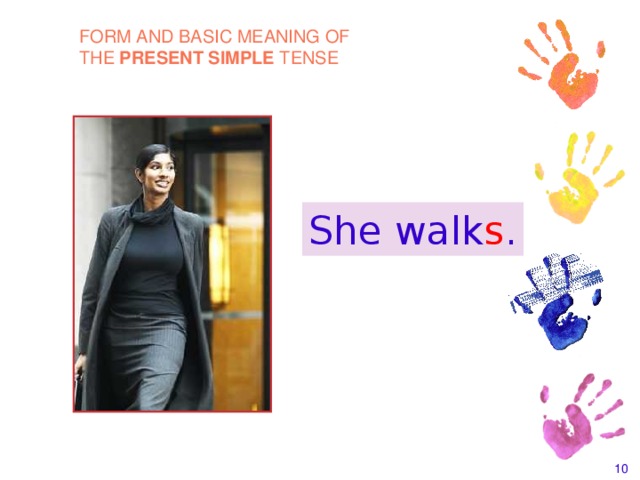FORM AND BASIC MEANING OF THE PRESENT SIMPLE TENSE She walk s . Grammar material from Betty Azar Grammar Presentations