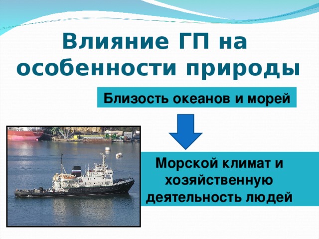 Влияние ГП на  особенности природы Близость океанов и морей Морской климат и хозяйственную деятельность людей