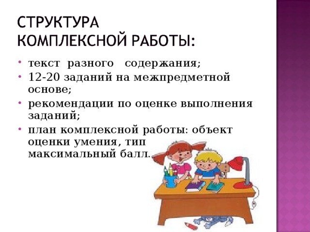 текст разного содержания; 12-20 заданий на межпредметной основе; рекомендации по оценке выполнения заданий; план комплексной работы: объект оценки умения, тип задания, максимальный балл.