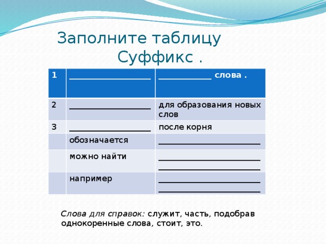 Заполните таблицу  Суффикс . 1 ____________________ 2 3 _____________ слова . ____________________ ____________________ для образования новых слов после корня обозначается можно найти _________________________ __________________________________________________ например __________________________________________________ Слова для справок: служит, часть, подобрав однокоренные слова, стоит, это.