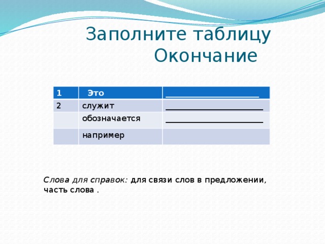 Заполните таблицу  Окончание 1  Это 2 _______________________ служит обозначается ________________________ ________________________ например Слова для справок: для связи слов в предложении, часть слова .