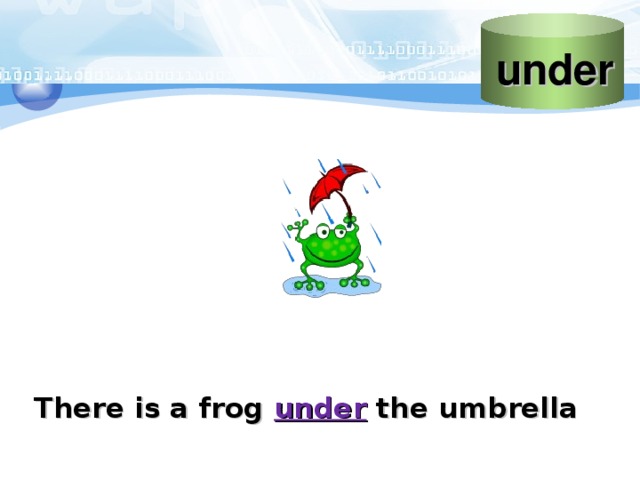 under Слайд “under”  Учитель объясняет, что этот предлог указывает наличие предмета «под» каким-то объектом Лягушка Пример предложения с предлогом There is a frog under the umbrella