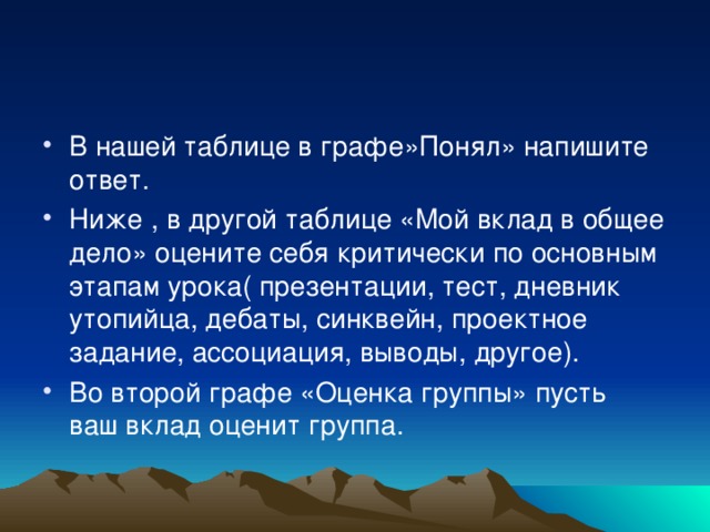 В нашей таблице в графе»Понял» напишите ответ. Ниже , в другой таблице «Мой вклад в общее дело» оцените себя критически по основным этапам урока( презентации, тест, дневник утопийца, дебаты, синквейн, проектное задание, ассоциация, выводы, другое). Во второй графе «Оценка группы» пусть ваш вклад оценит группа.