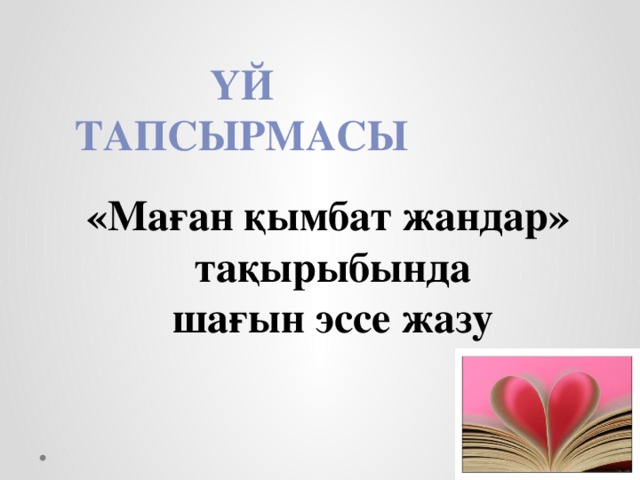 Үй тапсырмасы «Маған қымбат жандар» тақырыбында шағын эссе жазу