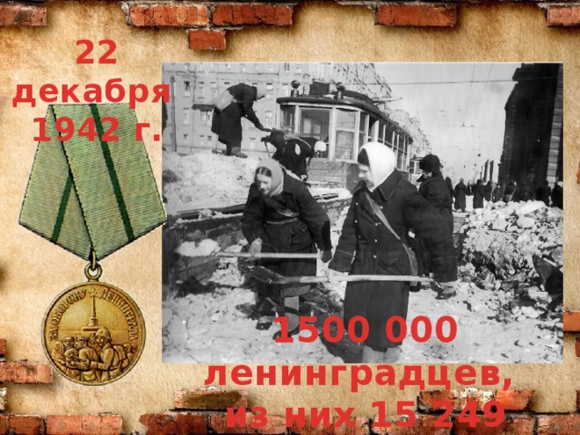22 декабря 1942 г. 1500 000 ленинградцев, из них 15 249 детей