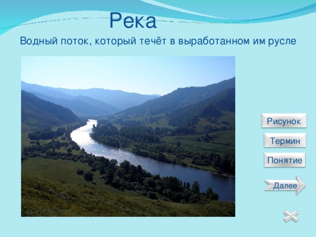 Река Водный поток, который течёт в выработанном им русле  Рисунок  Термин  Понятие Далее 12