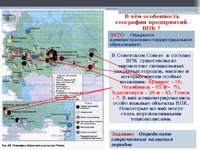 В чём особенность географии предприятий ВПК ? ЗАТО (Закрытое административно-территориальное образование) В Советском Союзе в составе ВПК существовало множество специальных закрытых городов, многие и которых имели особые названия: Арзамас – 16 , Челябинск – 65 и - 70 , Красноярск – 26 и - 45, Томск – 7. В них концентрировались особо важные объекты ВПК. Некоторые из них могут стать перспективными технополисами. Задание: Определите современные названия городов