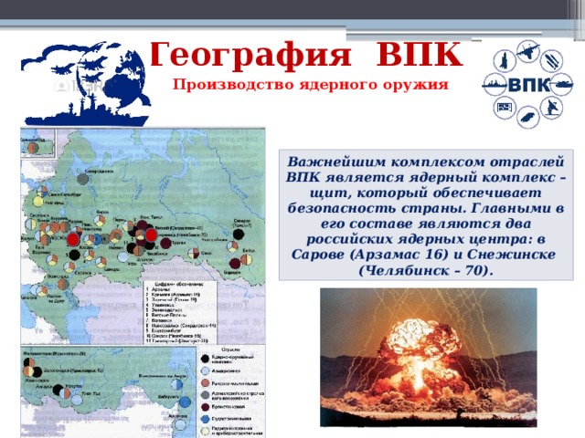 География ВПК Производство ядерного оружия Важнейшим комплексом отраслей ВПК является ядерный комплекс – щит, который обеспечивает безопасность страны. Главными в его составе являются два российских ядерных центра: в Сарове (Арзамас 16) и Снежинске (Челябинск – 70).