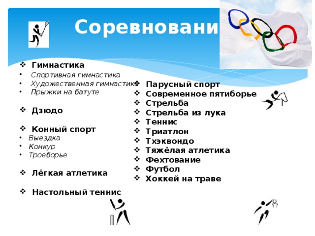 Соревнования  Гимнастика  Спортивная гимнастика  Художественная гимнастика  Прыжки на батуте   Дзюдо   Конный спорт Выездка Конкур Троеборье   Лёгкая атлетика