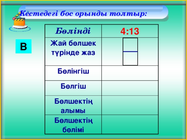 Кестедегі бос орынды толтыр:   Бөлінді 4:13 Жай бөлшек түрінде жаз Бөлінгіш Бөлгіш Бөлшектің алымы Бөлшектің бөлімі  В