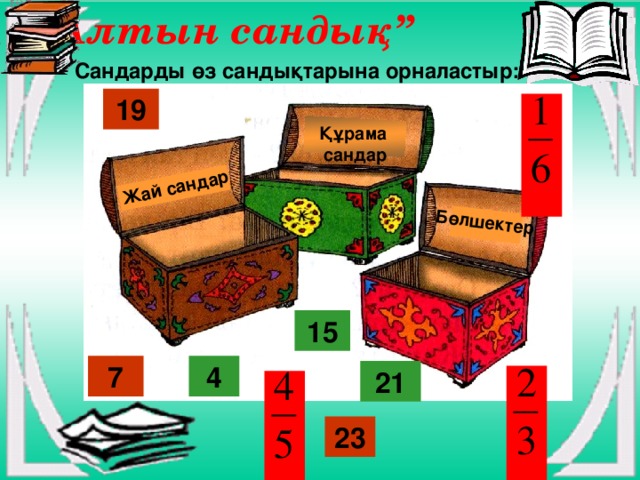 “ Алтын сандық”  Жай сандар   Бөлшектер Сандарды өз сандықтарына орналастыр: 19   Құрама сандар 15 4 7 21     23