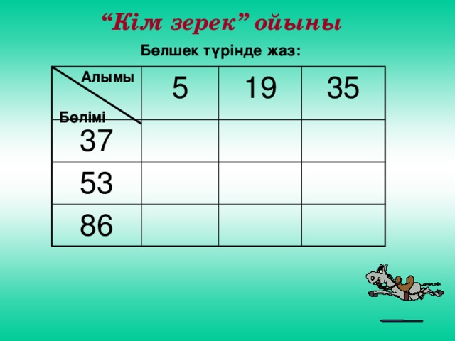 “ Кім зерек” ойыны Бөлшек түрінде жаз: Алымы 5 37 19 53 35 86 Бөлімі