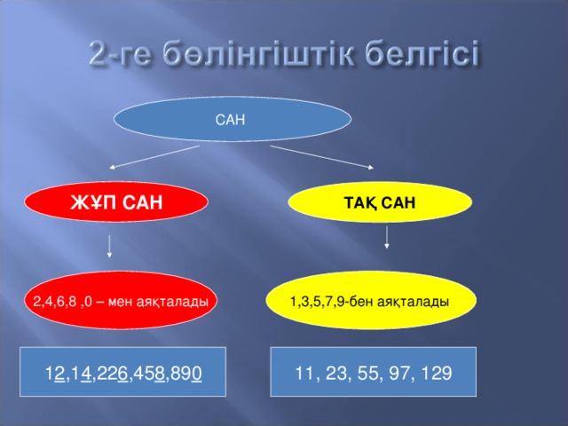 САН ЖҰП САН ТАҚ САН 2,4,6,8 ,0 – мен аяқталады 1,3,5,7,9-бен аяқталады 1 2 ,1 4 ,22 6 ,45 8 ,89 0 11, 23, 55, 97, 129