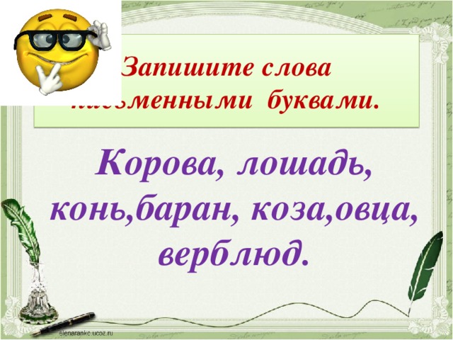 Запишите слова письменными буквами. Корова, лошадь, конь,баран, коза,овца, верблюд.