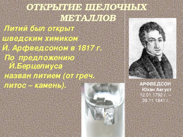 ОТКРЫТИЕ ЩЕЛОЧНЫХ  МЕТАЛЛОВ  Литий был открыт шведским химиком Й. Арфведсоном в 1817 г.  По предложению Й.Берцелиуса  назван литием (от греч.  литос – камень). АРФВЕДСОН  Юхан Август 12.01.1792 г. – 28.11 1841 г.