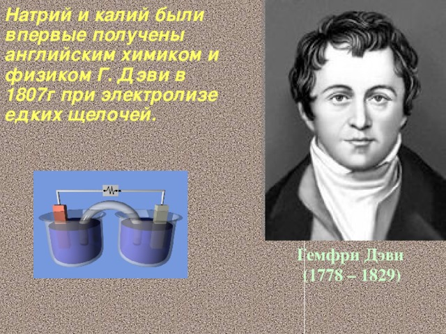 Натрий и калий были впервые получены английским химиком и физиком Г. Дэви в 1807г при электролизе едких щелочей.  Гемфри Дэви  (1778 – 1829)