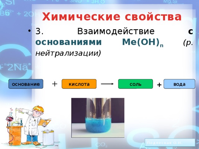 Химические свойства 3. Взаимодействие с основаниями Ме(ОН) n  (р. нейтрализации) + основание кислота соль вода + Подлесная О.Н.
