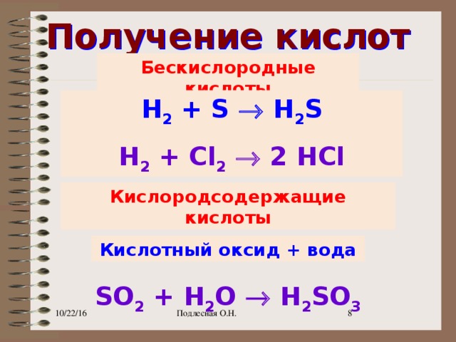 Получение кислот Бескислородные кислоты H 2 + S  H 2 S H 2 + Cl 2   2 HCl Кислородсодержащие кислоты Кислотный оксид + вода SO 2 + H 2 O  H 2 SO 3 10/22/16 Подлесная О.Н. 7