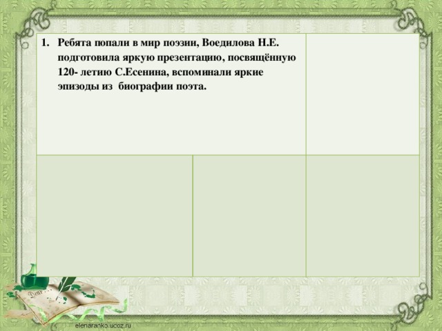 Ребята попали в мир поэзии, Воедилова Н.Е. подготовила яркую презентацию, посвящённую 120- летию С.Есенина, вспоминали яркие эпизоды из биографии поэта.