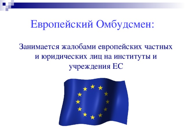 Европейский Омбудсмен:  Занимается жалобами европейских частных и юридических лиц на институты и учреждения ЕС