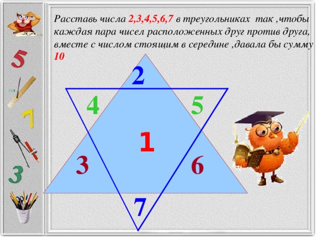 2 Расставь числа 2,3,4,5,6,7 в треугольниках так ,чтобы каждая пара чисел расположенных друг против друга, вместе с числом стоящим в середине ,давала бы сумму 10  1 4 5 6 3 7
