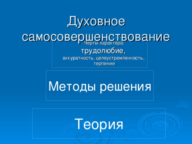 Духовное самосовершенствование Черты характера: трудолюбие, аккуратность, целеустремленность, терпение Методы решения Теория