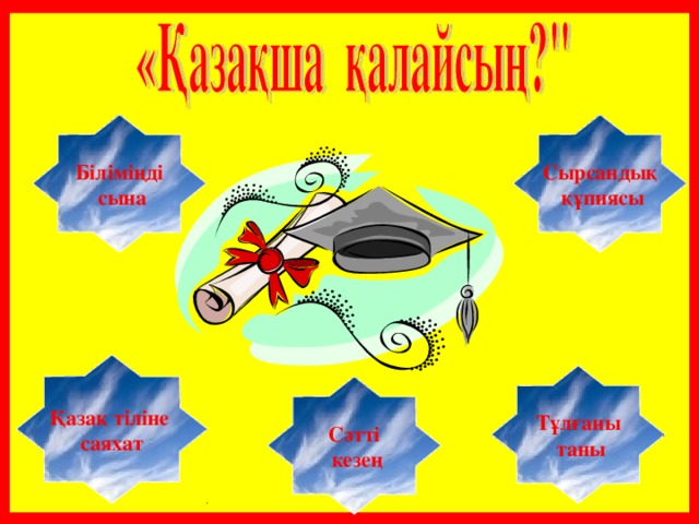 Сырсандық  құпиясы Біліміңді  сына Қазақ тіліне саяхат Тұлғаны  таны Сәтті  кезең