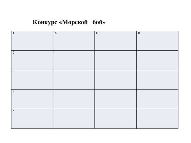 Конкурс «Морской бой» 1 А 2 Б 3 В 4 5