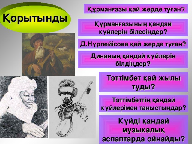 Құрманғазы қай жерде туған? Қорытынды Құрманғазының қандай күйлерін білесіңдер? Д.Нүрпейісова қай жерде туған? Динаның қандай күйлерін білдіңдер? Тәттімбет қай жылы туды? Тәттімбеттің қандай күйлерімен таныстыңдар? Күйді қандай музыкалық аспаптарда ойнайды?