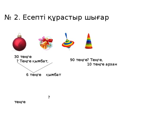 № 2. Есепті құрастыр шығар 30 теңге ? Теңге қымбат,  6 теңге қымбат  ? теңге 90 теңге ? Теңге, 10 теңге арзан