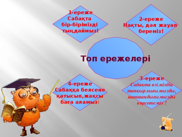 2-ереже Нақты, дәл жауап береміз! 1-ереже Сабақта бір-бірімізді тыңдаймыз!  Топ ережелері 3-ереже Сабақта өзіміздің  тапқырлығымызды, шапшаңдығымызды көрсетеміз ! 4-ереже Сабаққа белсене қатысып,жақсы баға аламыз !