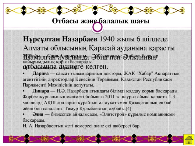 Отбасы және балалық шағы  Нұрсұлтан Назарбаев 1940 жылы 6 шілдеде Алматы облысының Қарасай ауданына қарасты Шамалған ауылында Әбіш пен Әлжанның отбасында дүниеге келген. Жұбайы — Сара Алпысқызы — Халықаралық «Бөбек» балалар қайырымдылық қорын басқарады. Президенттің үш қызы бар: •  Дариға — саясат ғылымдарының докторы, ЖАҚ 