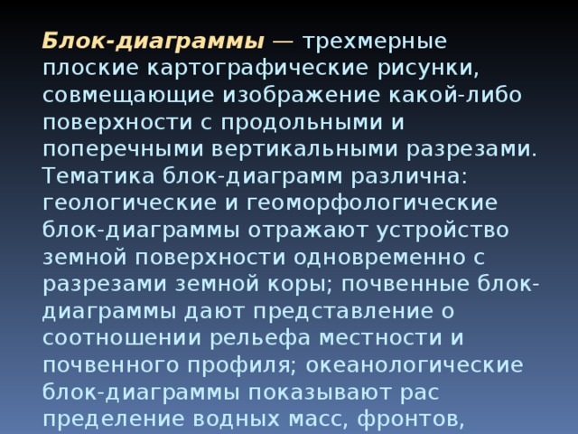 Блок-диаграммы — трехмерные плоские картографические рисунки, совмещающие изображение какой-либо поверхности с продольными и поперечными вертикальными разрезами.  Тематика блок-диаграмм различна: геологические и геоморфологические блок-диаграммы отражают устройство земной поверхности одно­временно с разрезами земной коры; почвенные блок-диаграммы дают представление о соотношении рельефа местности и почвен­ного профиля; океанологические блок-диаграммы показывают рас­пределение водных масс, фронтов, течений, солености и т.п.