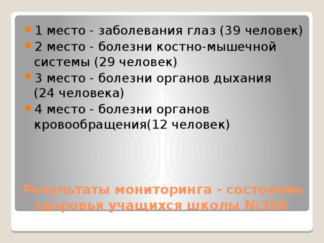 1 место - заболевания глаз (39 человек) 2 место - болезни костно-мышечной системы (29 человек) 3 место - болезни органов дыхания  (24 человека) 4 место - болезни органов кровообращения(12 человек)