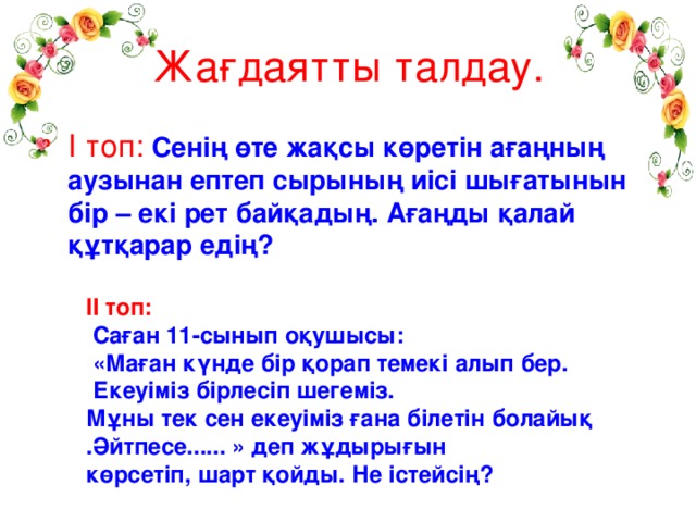 Жағдаятты талдау. І топ:  Сенің өте жақсы көретін ағаңның аузынан ептеп сырының иісі шығатынын бір – екі рет байқадың. Ағаңды қалай құтқарар едің? ІІ топ:  Саған 11-сынып оқушысы:  «Маған күнде бір қорап темекі алып бер.  Екеуіміз бірлесіп шегеміз. Мұны тек сен екеуіміз ғана білетін болайық .Әйтпесе...... » деп жұдырығын көрсетіп, шарт қойды. Не істейсің?