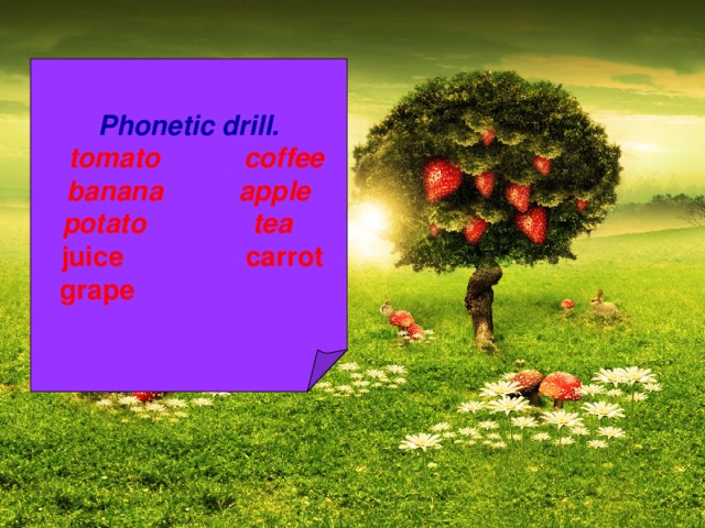 Phonetic drill.  tomato coffee banana apple  potato tea  juice carrot grape