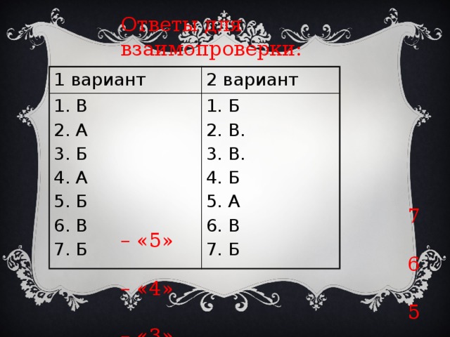 Ответы для взаимопроверки:  7 – «5»  6 – «4»  5 – «3»  4 – «2» 1 вариант 1. В 2 вариант 1. Б 2. А 2. В. 3. Б 3. В. 4. А 4. Б 5. Б 6. В 5. А 6. В 7. Б 7. Б