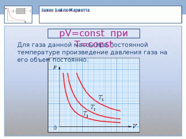 Закон Бойля-Мариотта       pV=const при T=const Для газа данной массы при постоянной температуре произведение давления газа на его объем постоянно.