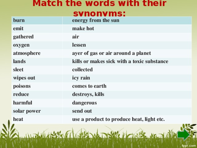 Match the words with their synonyms: burn  energy from the sun emit  make hot gathered  air оxygen  lessen atmosphere  ayer of gas or air around a planet lands  kills or makes sick with a toxic  substance sleet  collected wipes out  icy rain poisons  comes to earth reduce  destroys, kills harmful  dangerous solar power  send out heat  use a product to produce heat, light etc.