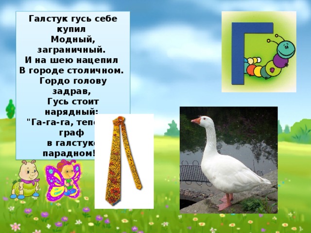 Галстук гусь себе купил  Модный, заграничный.  И на шею нацепил  В городе столичном.  Гордо голову задрав,  Гусь стоит нарядный:  