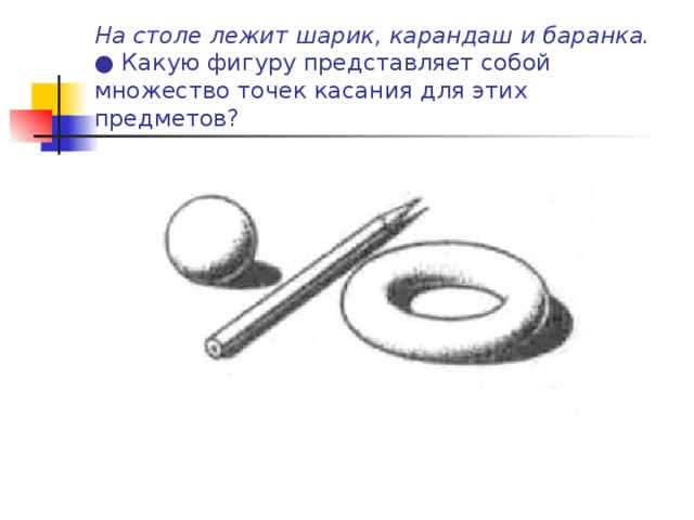 На столе лежит шарик, карандаш и баранка.  ●  Какую фигуру представляет собой множество точек касания для этих предметов?