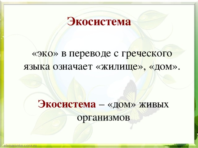 Экосистема «эко» в переводе с греческого языка означает «жилище», «дом». Экосистема – «дом» живых организмов