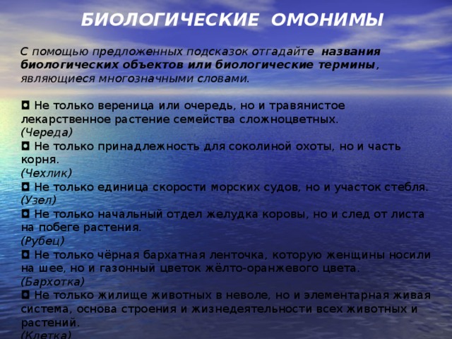 БИОЛОГИЧЕСКИЕ  ОМОНИМЫ С помощью предложенных подсказок отгадайте   названия биологических объектов или биологические термины , являющиеся многозначными словами.   ◘   Не только вереница или очередь, но и травянистое лекарственное растение семейства сложноцветных. (Череда) ◘   Не только принадлежность для соколиной охоты, но и часть корня. (Чехлик) ◘   Не только единица скорости морских судов, но и участок стебля. (Узел) ◘   Не только начальный отдел желудка коровы, но и след от листа на побеге растения. (Рубец) ◘   Не только чёрная бархатная ленточка, которую женщины носили на шее, но и газонный цветок жёлто-оранжевого цвета. (Бархотка)  ◘  Не только жилище животных в неволе, но и элементарная живая система, основа строения и жизнедеятельности всех животных и растений. (Клетка)