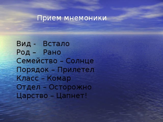 Прием мнемоники Вид - Встало Род – Рано Семейство – Солнце Порядок – Прилетел Класс – Комар Отдел – Осторожно Царство – Цапнет!